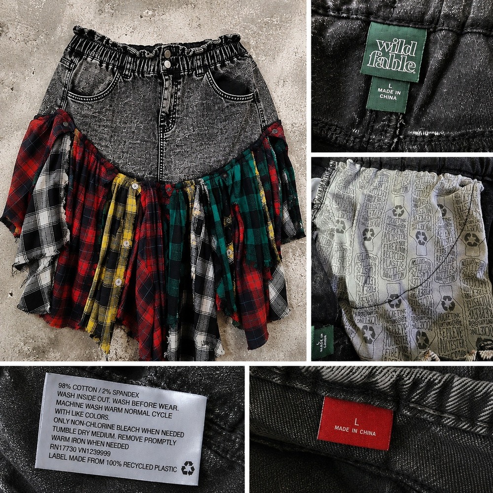 Wild Fable Upcycled Patchwork Denim & Flannel Midi Skirt Grey Plaid Large - Picture 3 of 6